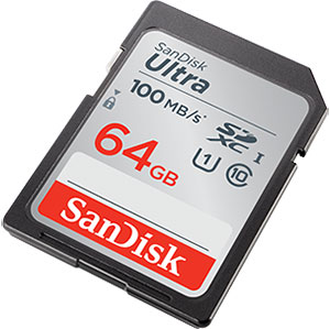 SanDisk 64GB SDXC Ultra UHS-I 100MB/s schuine productafbeelding.